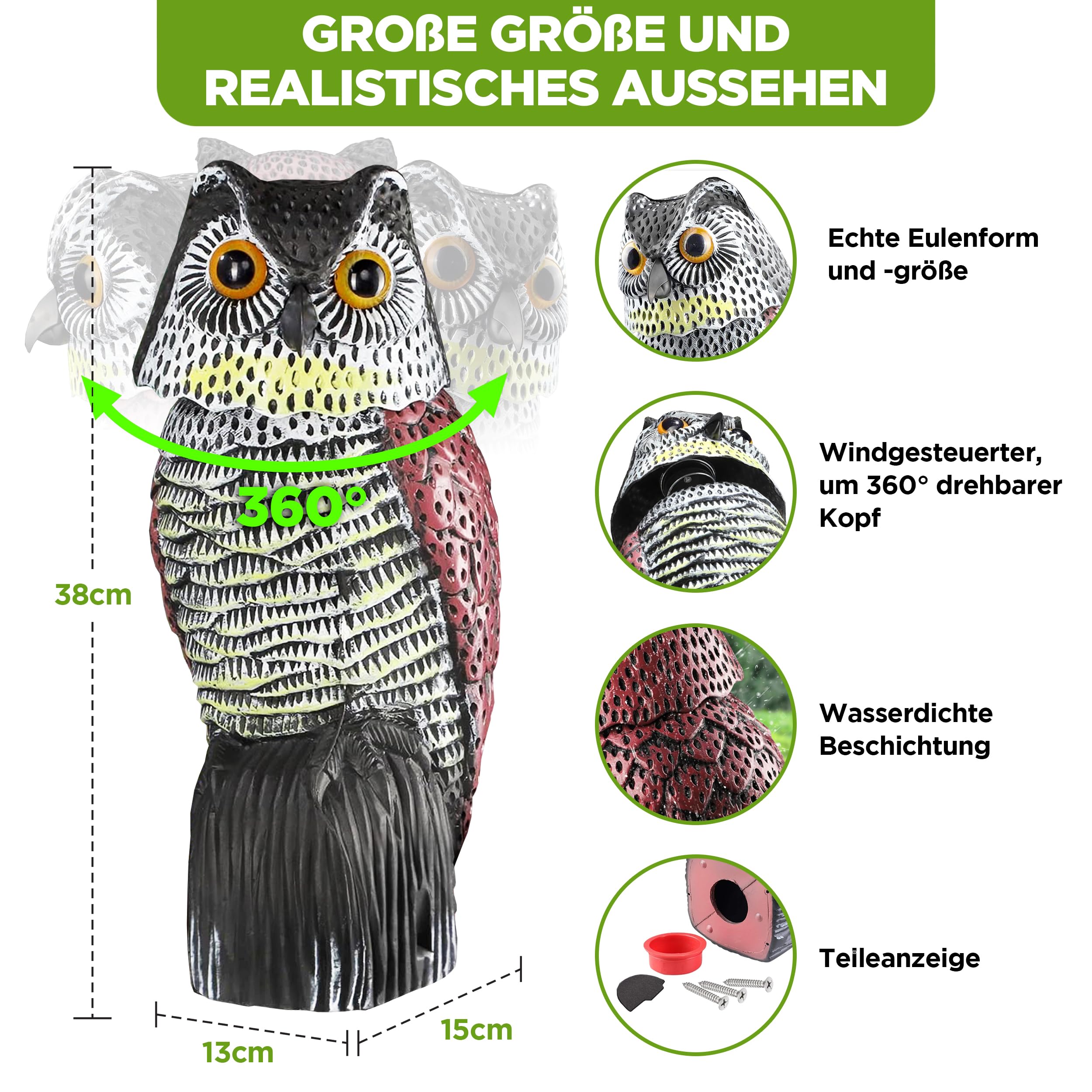 ISOTRONIC Eulen Attrappe zur Vogelabwehr – Realistischer Vogelschreck mit Wackelkopf – Taubenabwehr für Garten, Balkon & Obstbau – Taubenschreck Vogelscheuche (2 Stück)