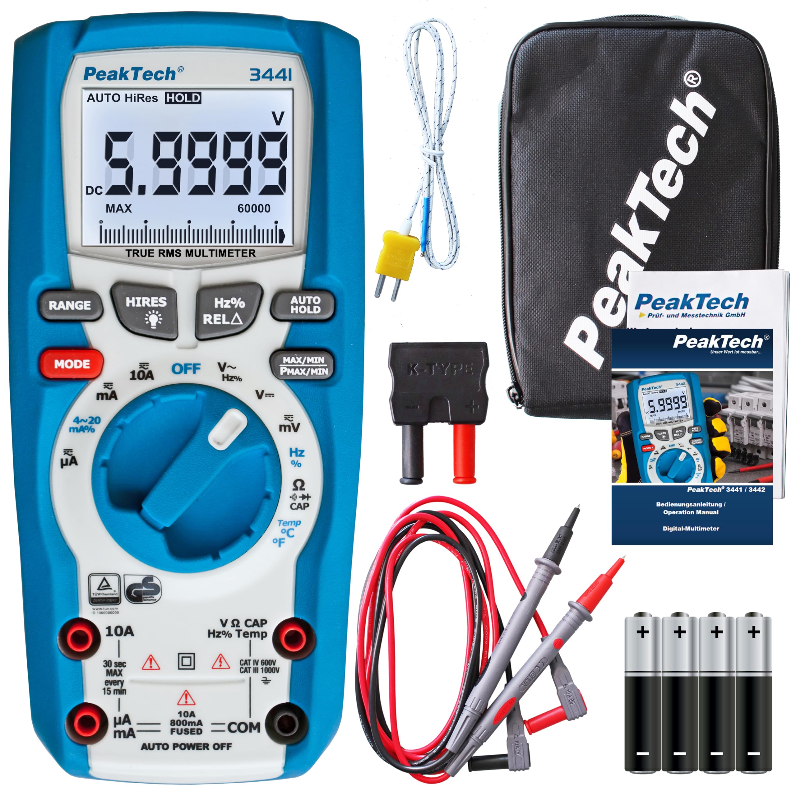 PeakTech P 3441 – True RMS Multimeter Digital für Elektriker mit 60000 Counts, Profi-Handmultimeter für elektrische Leitungen,TÜV/GS,Durchgangsprüfer,Voltmeter,Strommessgerät - CAT III 1000 V,Blau
