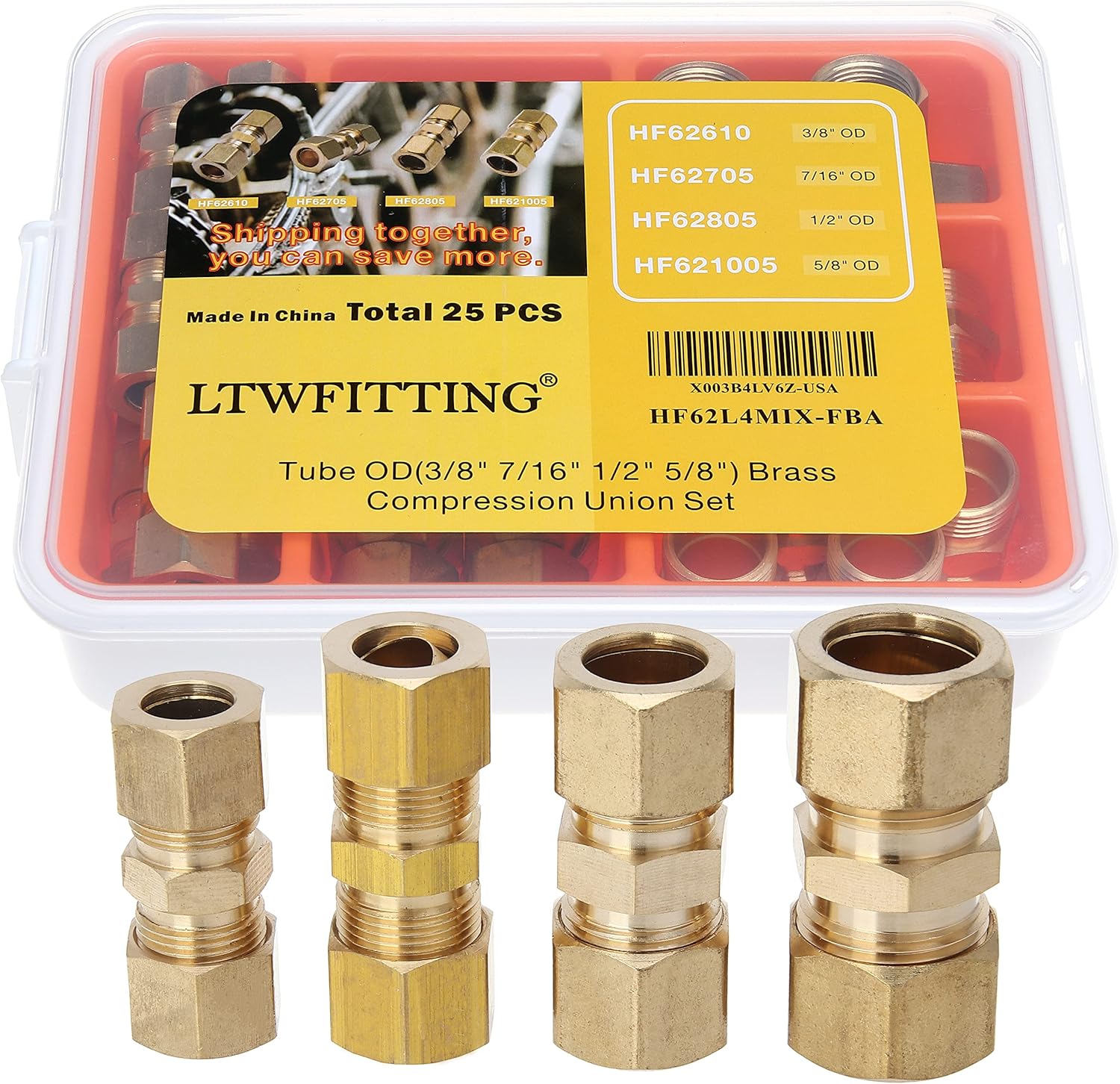 LTWFITTING Assortment Kit Tube OD 3/8" 7/16" 1/2" 5/8" Brass Compression Union Set (Pack of 25)