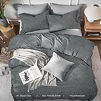 Vista 8 de JELLYMONI - Juego de funda de duvet de algodón tamaño Queen, color gris con rayas, con botón, 100% algodón lavado, juego de ropa de cama