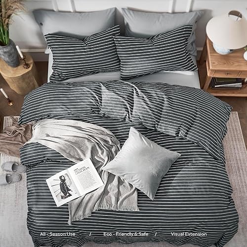 Miniatura 8 de JELLYMONI Funda de edredón de algodón tamaño matrimonial, funda de edredón gris a rayas con botón, 100% algodón lavado, 3 piezas, transpirable,