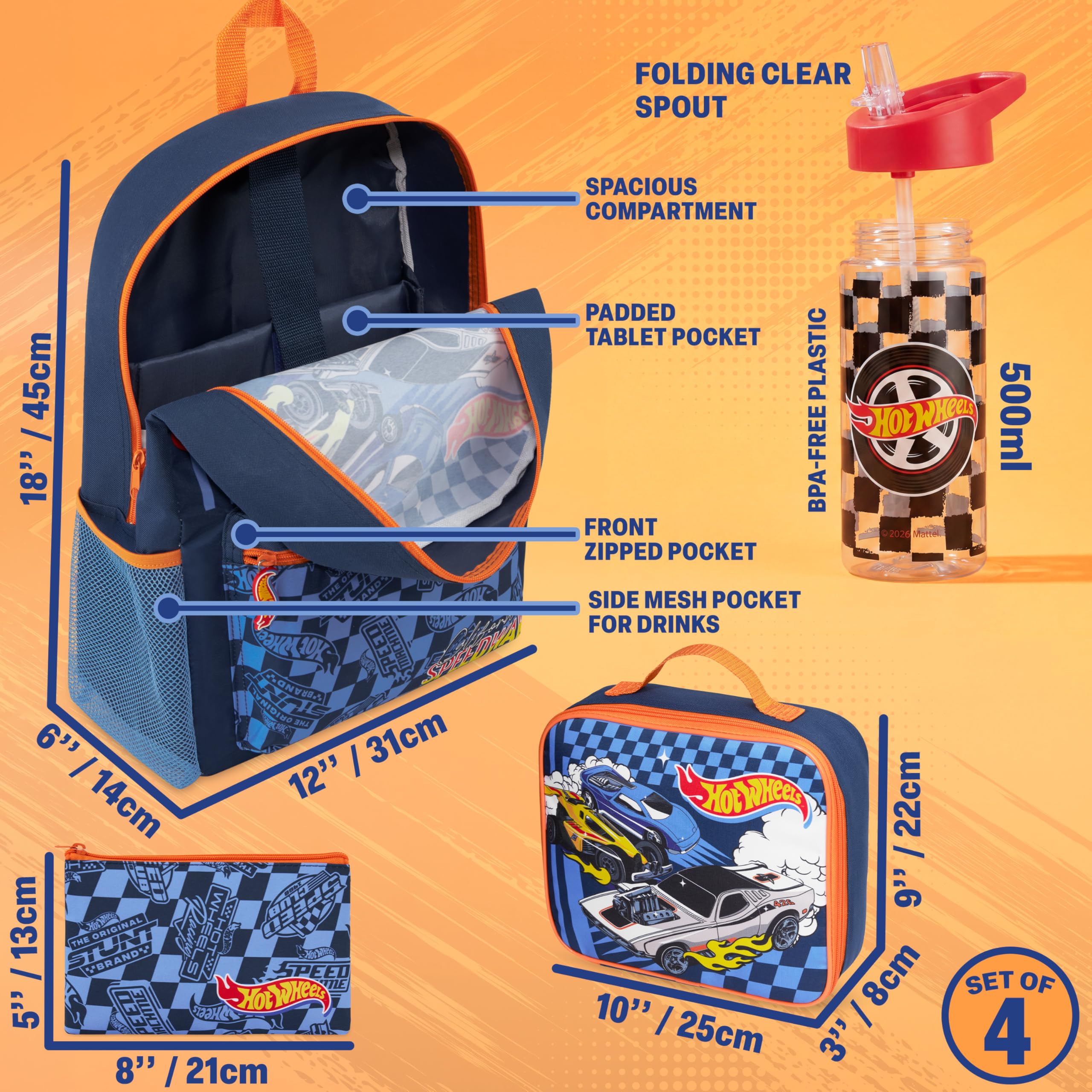 Get Trend Hot Wheels Sac a Dos Garcon Set, 4 Pcs Cartable Enfant Gourde 500 ML Sac Isotherme Repas Enfant et Trousse Scolaire (Multi Hot Wheels)