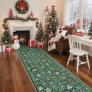 Madane Christmas Runner Rugs for Hallway 2x10 Long, Washable Non-Slip Green Hallway Rug Low-Pile Stair Kitchen Runner Soft Holiday Decor Throw Carpet for Entrance Living Dining Laundry Room