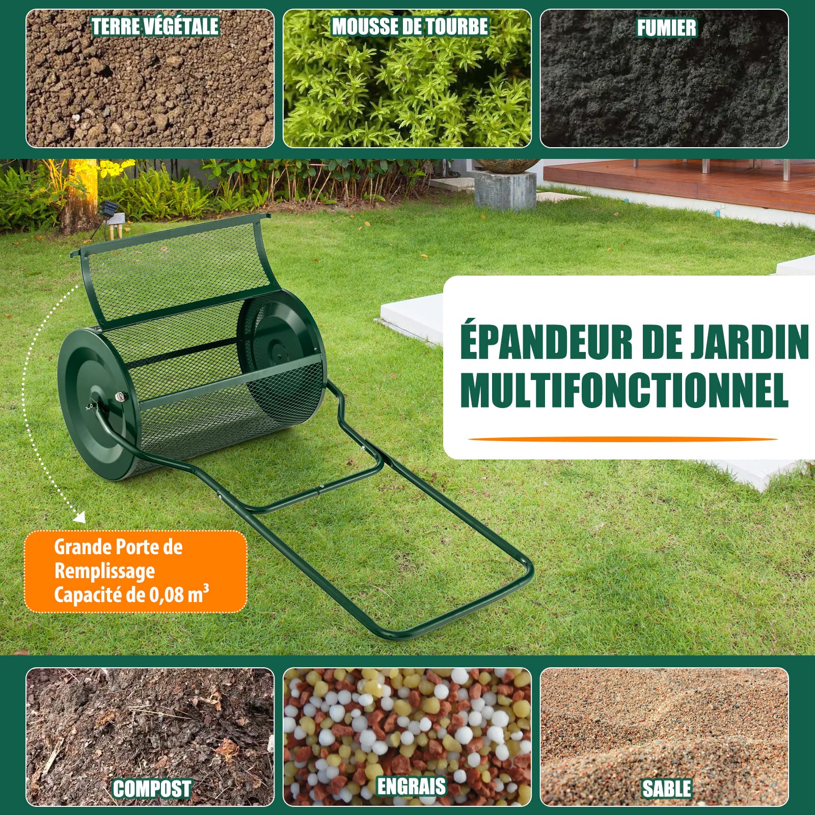 COSTWAY Épandeur à Compost de 60,5 cm Rouleau en Treillis Métallique, Épandeur de Gazon 75 L avec Poignée en Forme de ‘U’ Loquets Latéraux, pour Entretien du Jardin et Pelouse, Vert