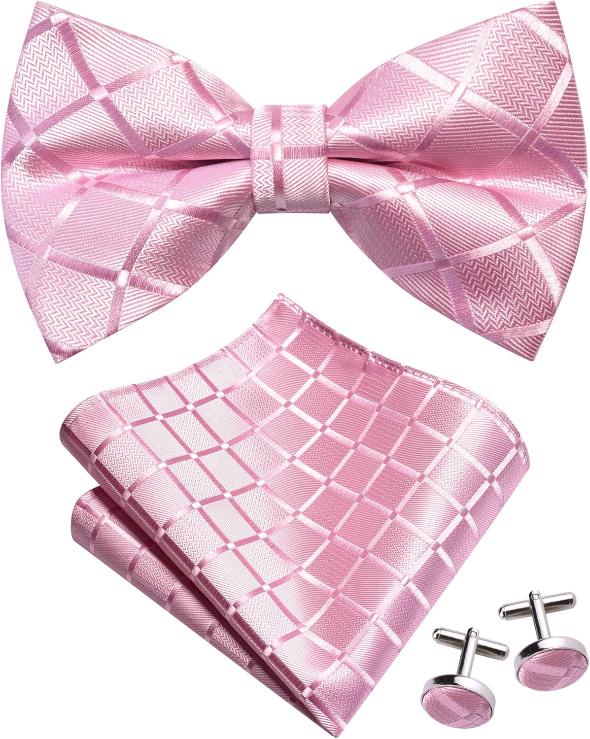 GUSLESON Mens Plaid Checkered Bow Tie Handkerchief Jacquard Woven Adjustable Pre-Tied Bowties Pocket Square Cufflinks Set