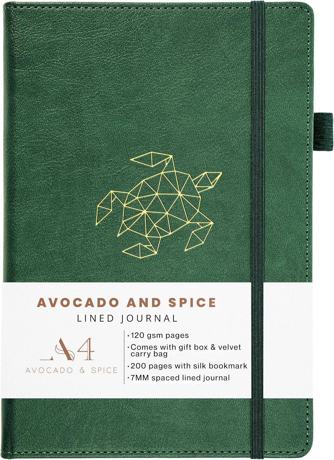 Notebook A4 Lined by Avocado and Spice  with Gift Box & Velvet Bag   Faux Leather Hardback A4 Lined Notebook - Bookmark, Elastic Strap, Pen Holder, 200 Thick Page Green, Line