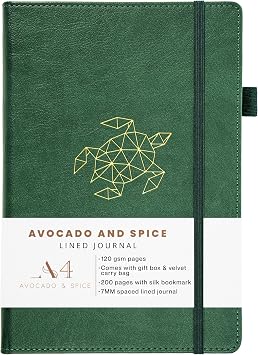Notebook A4 Lined by Avocado and Spice  with Gift Box & Velvet Bag   Faux Leather Hardback A4 Lined Notebook - Bookmark, Elastic Strap, Pen Holder, 200 Thick Page Green, Line