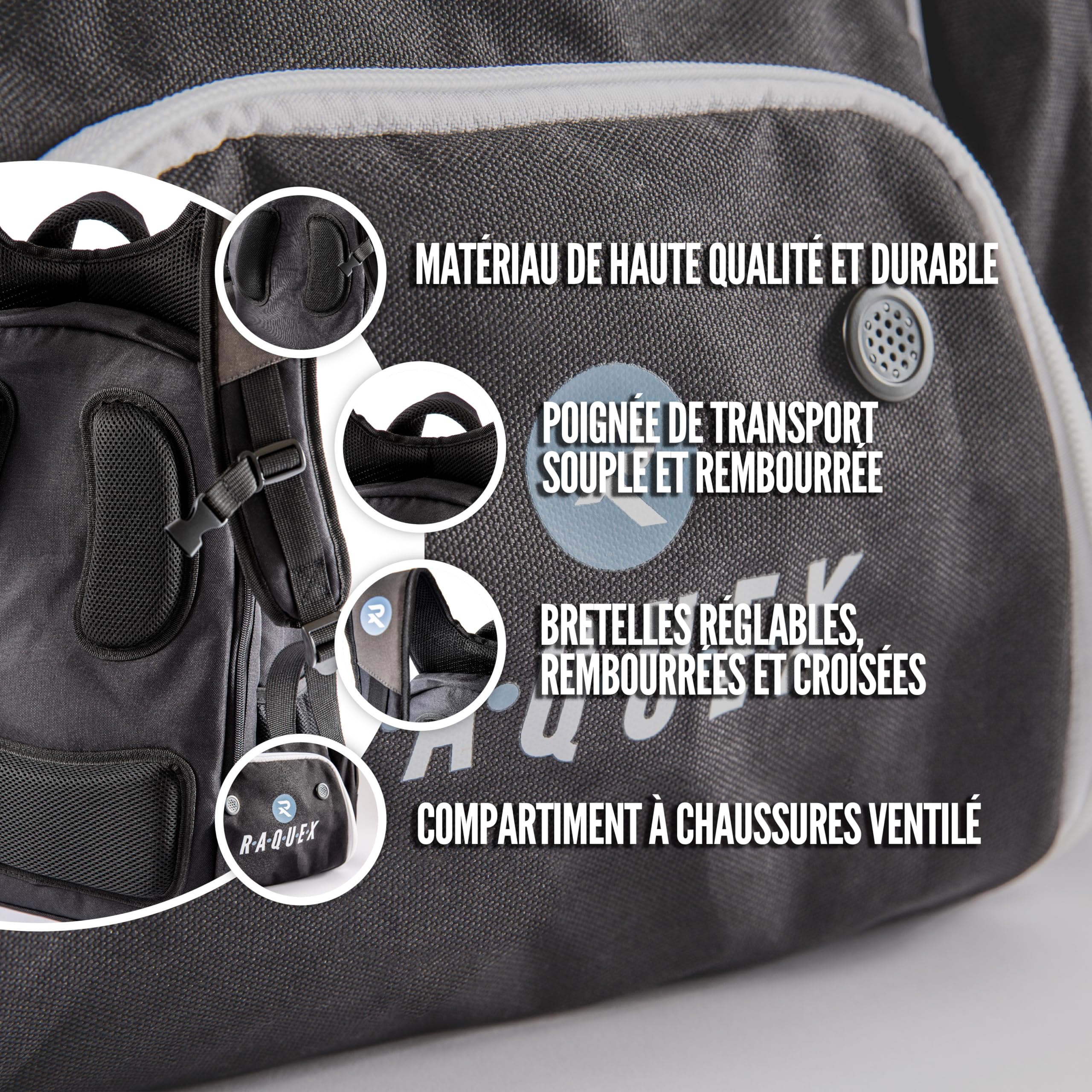 Raquex - Mochila Deportiva para Raquetas de Tenis o 2 Raquetas de Squash o bádminton, Mochila para Raquetas de Nieve + Zapatos + Ordenador portátil + Botella