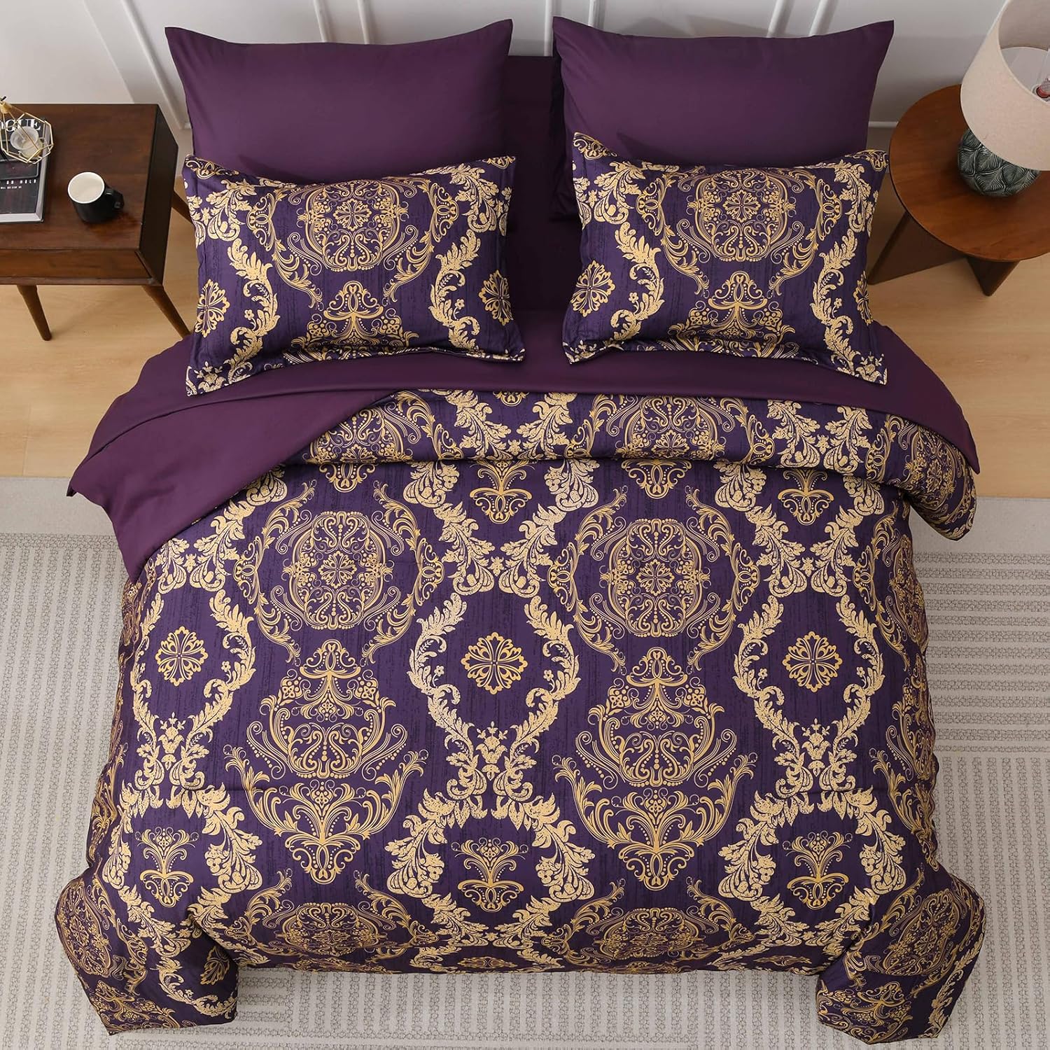 WONGS BEDDING Purple Comforter Set Queen Size,Damask Texture 7 Pieces Bed in a Bag Microfiber Comforter Bedding Sets -1 Comforter, 1 Flat Sheet, 1 Fitted Sheet, 2 Pillow Shams, 2 Pillowcases - Image 3