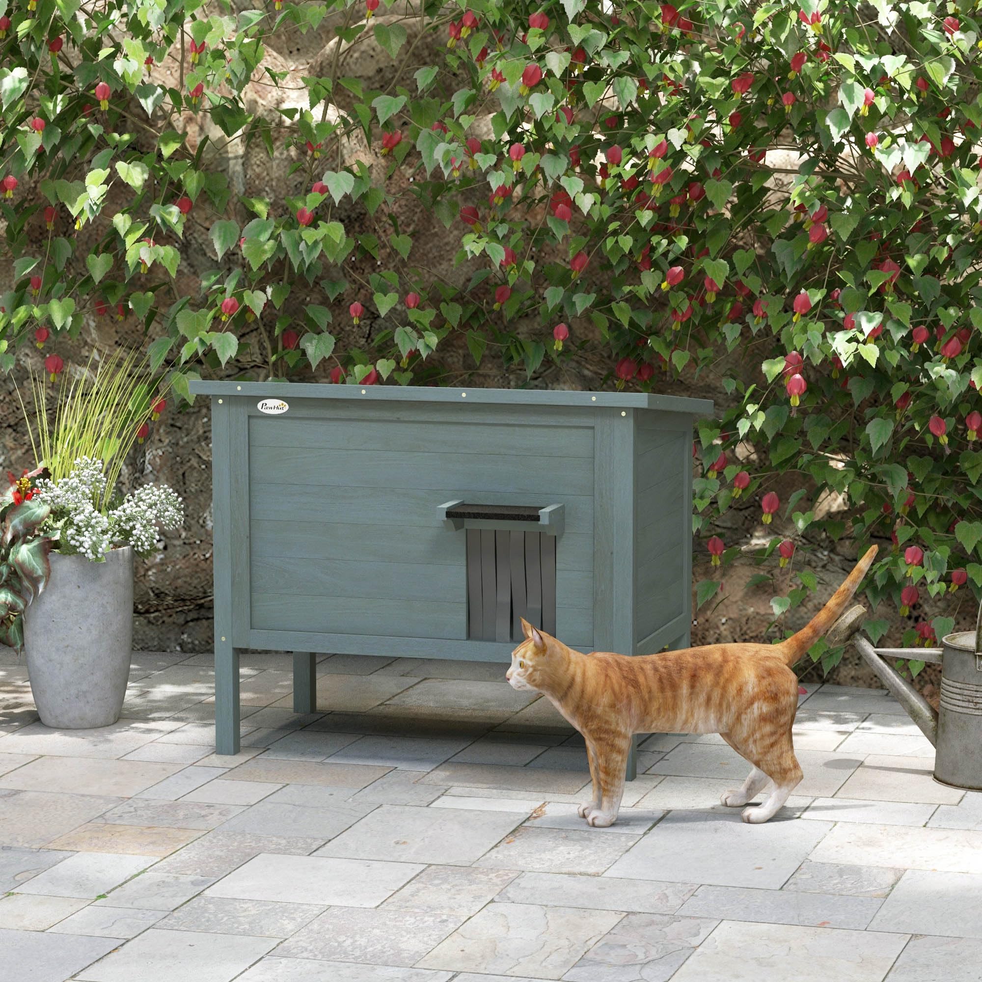 PawHut Maison pour Chats Niche d'extérieur en Bois surélevée avec Toit ouvrable, isolée avec Toit Asphalte, 85 x 50 x 68,5 cm, Gris foncé et Noir