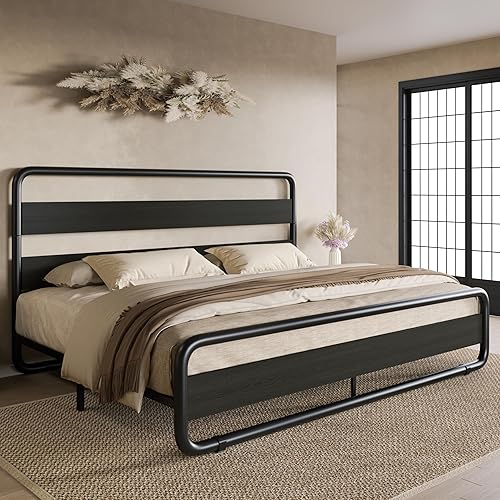 Miniatura 24 de Estructura de cama SHA CERLIN de tamaño matrimonial con cabecero y pie de cama de madera, estructura de cama de plataforma resistente con