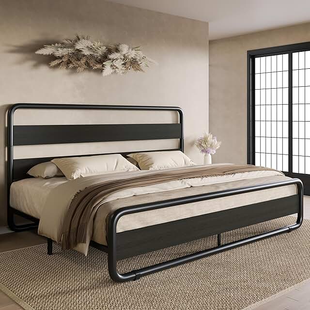 SHA CERLIN King Size Metal Bed Frame with Wooden Headboard and Footboard...