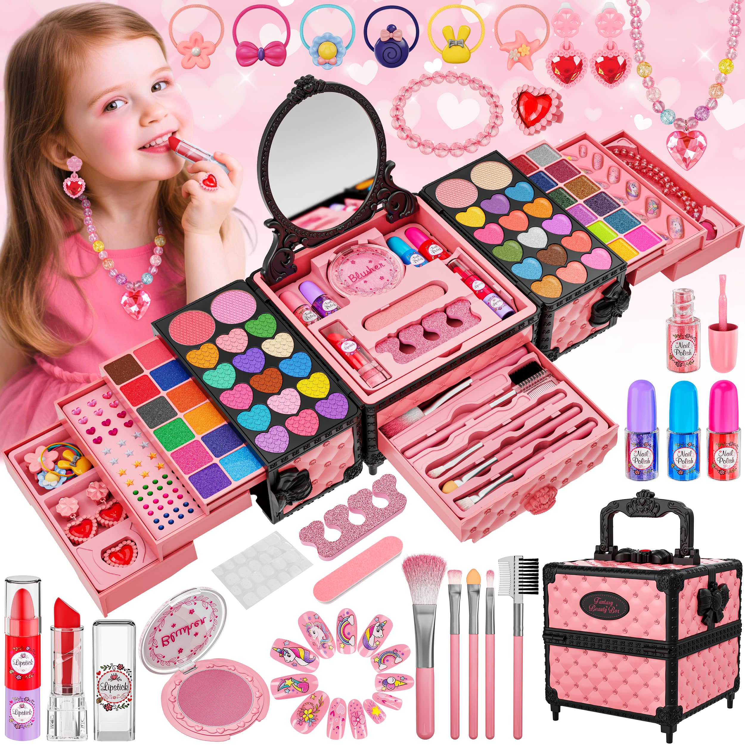 99 Pcs Kids Makeup Kit for Girls, Princess Toys Real Washable Cosmetics Set