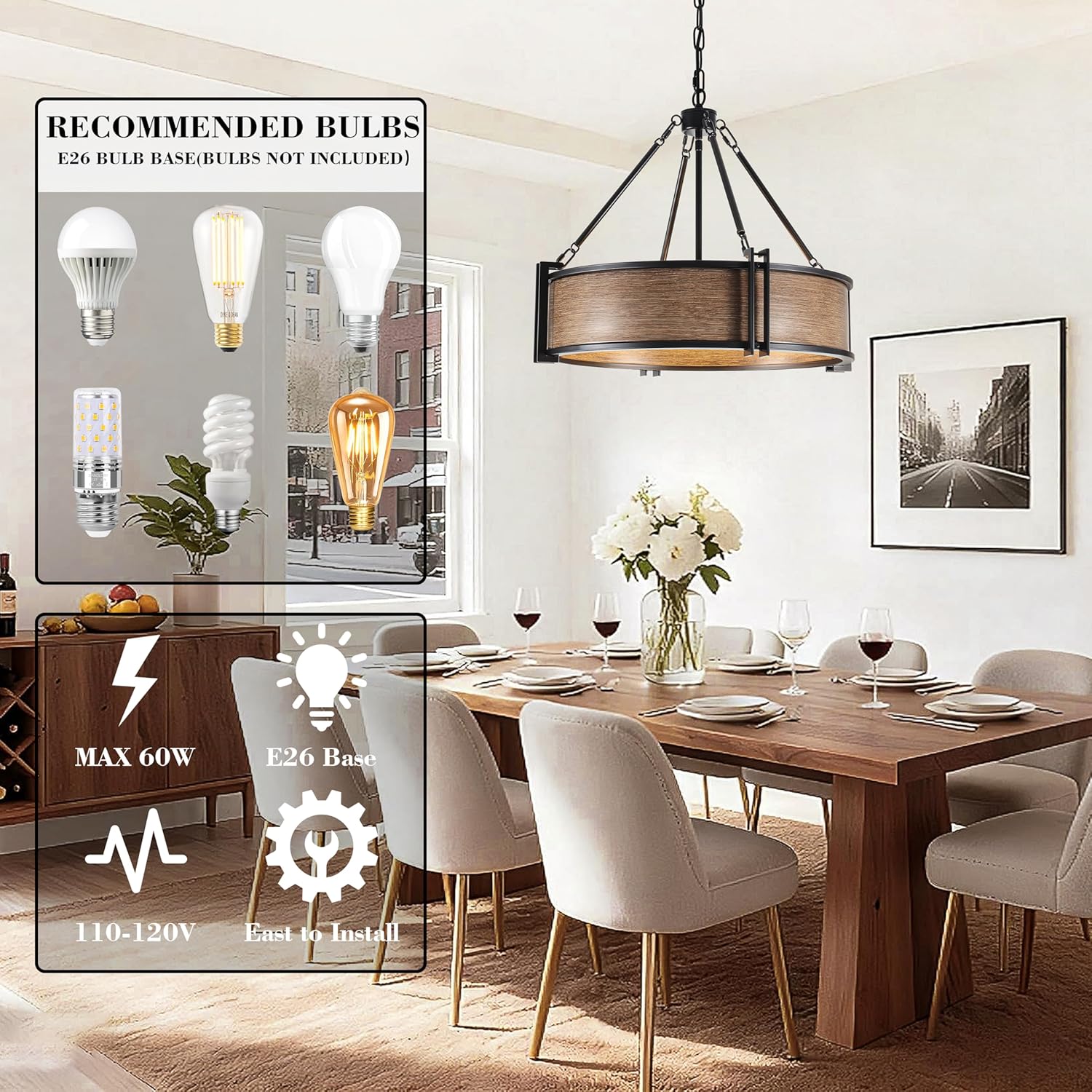 21" Farmhouse Chandelier, 5-Light Wood Texture Round Chandelier, Industrial Hanging Pendant Light Fixture for Dining Room Kitchen Island Foyer Hallway Bedroom