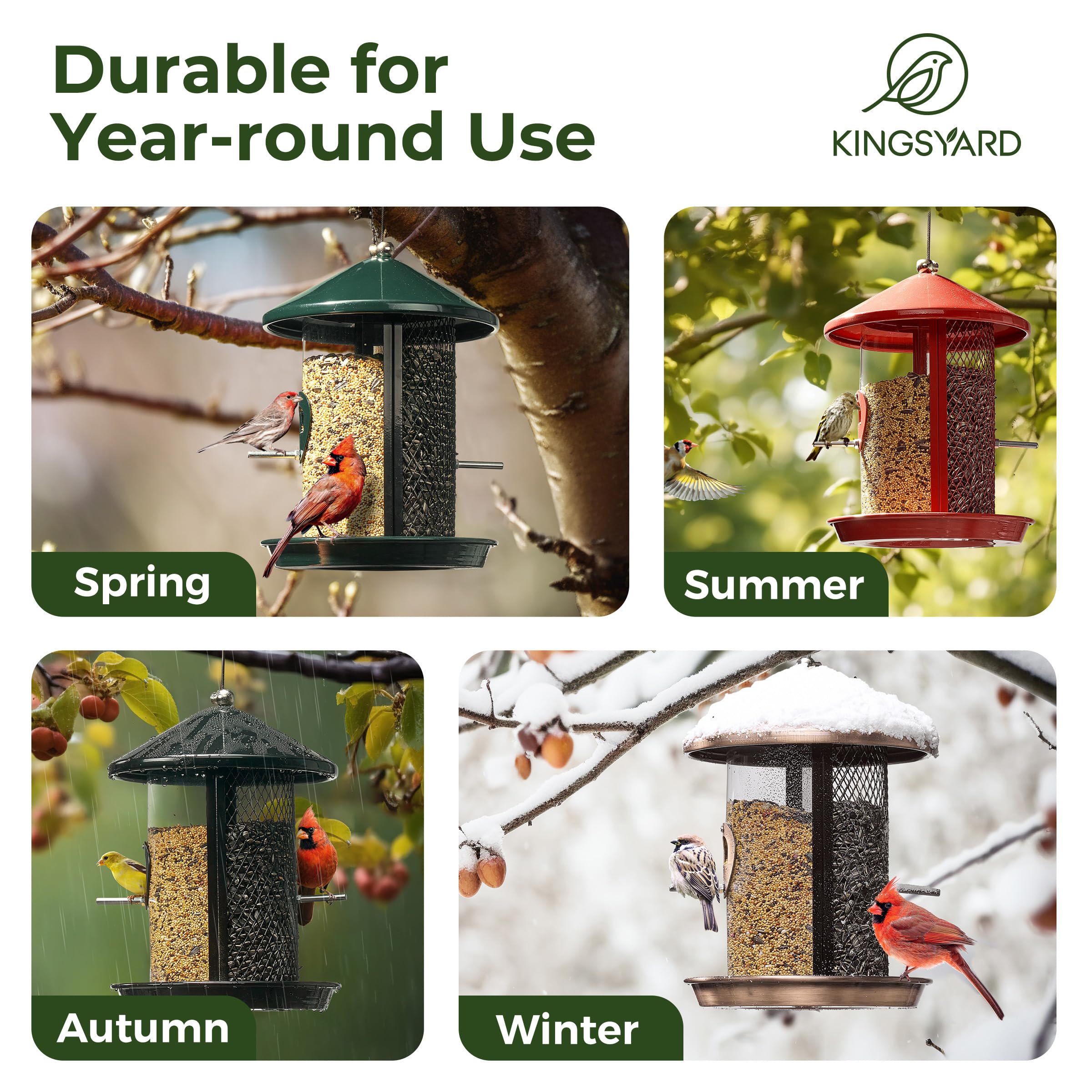 Kingsyard Comedero de metal para pájaros para colgar al aire libre, comedero para pájaros silvestres a prueba de masticación con doble cámara de 4 libras de capacidad para pinzón cardenal Bluebird