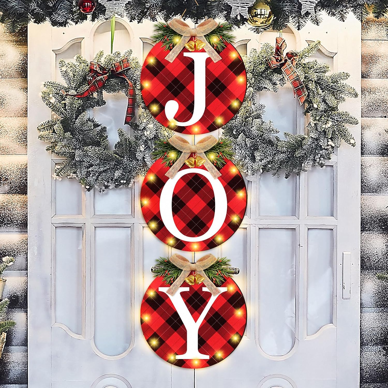 Blosssound 3 Pcs Christmas Joy Wreath for Front Door 11.8 Lighted Buffalo Plaid Door Sign Decoration Wooden Glitter Hanging Plaque with LED Lights for Xmas Wall Indoor Outdoor(Christmas Plaid)