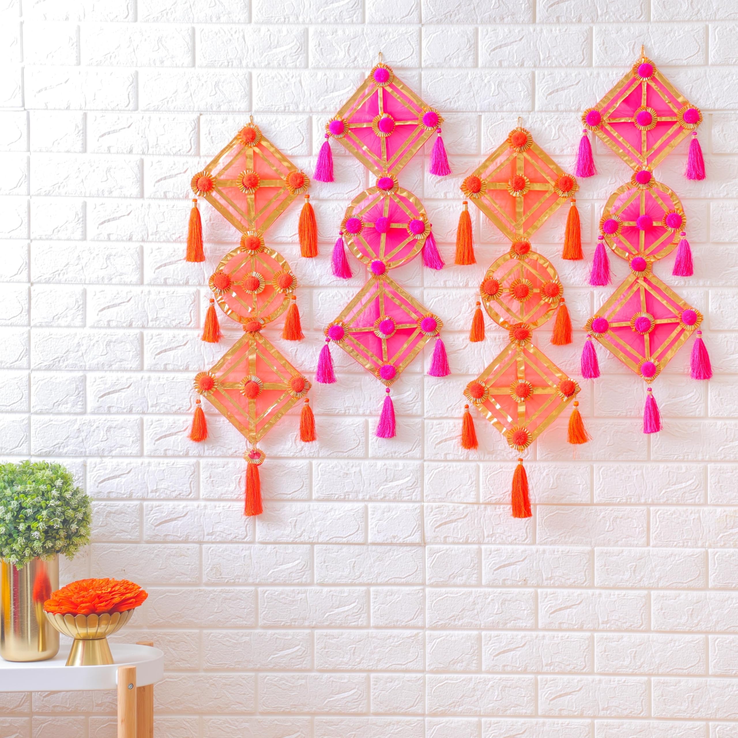Desi Favors Pink Kite Net Hanging | Fabric with Gota Woollen Pompoms Mesh for Wedding Haldi Lohri Christmas Decorations Wall Hanging Door Decor