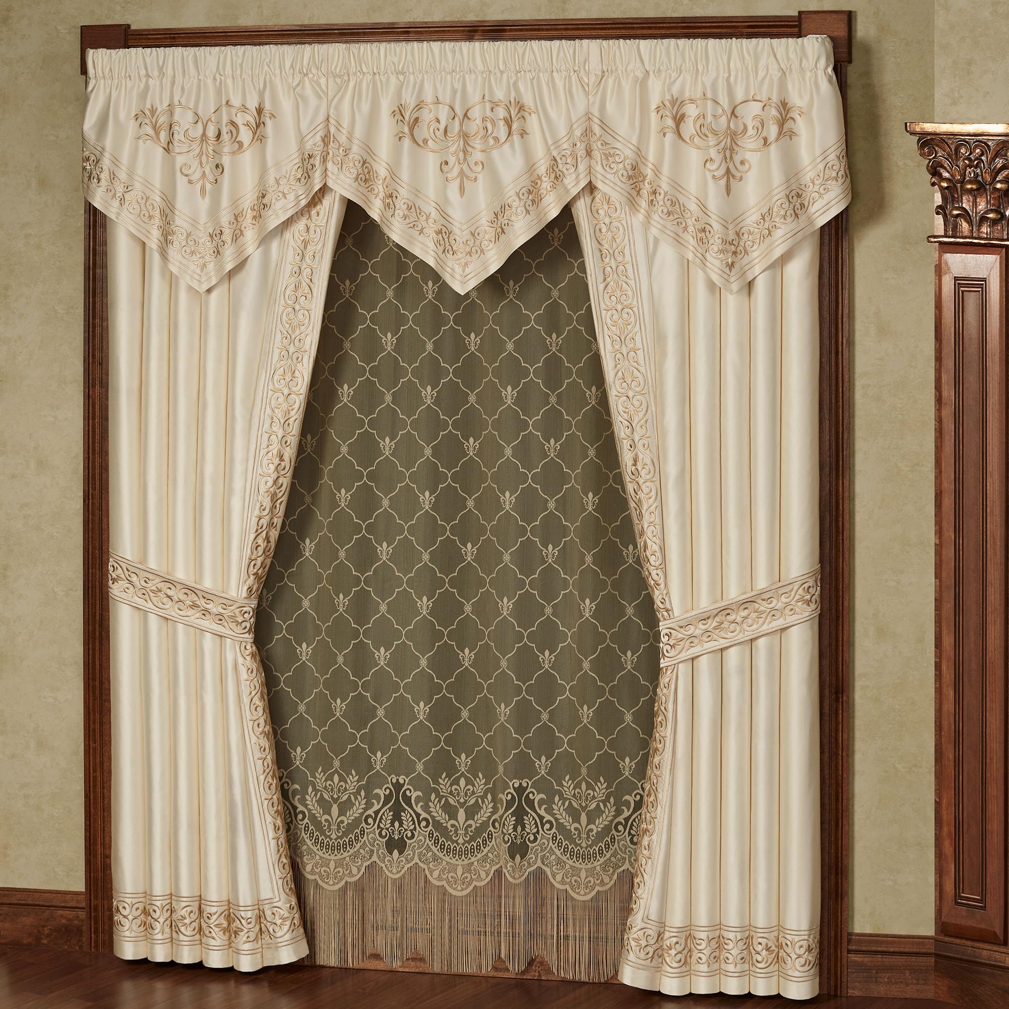 Touch of Class Versailles Luxury Window Treatment | Classic Neutral Pearl | Palace-Inspired French Style Golden Scrollwork Embroidery | Designed Drapery Set: 3 Ascot Valances and 96L Curtain Pair