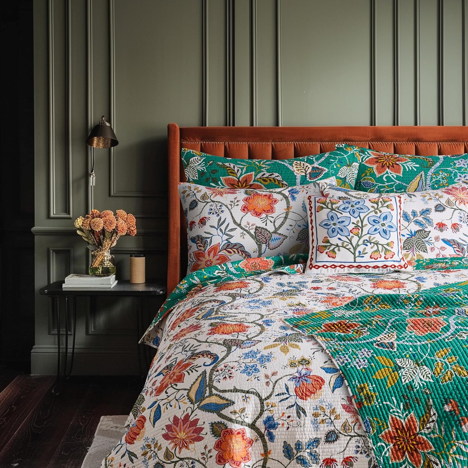 Levtex Home - Carmina Quilt Set - Full/Queen Quilt and Two Standard Shams - Floral Vines - Off White Red Orange Blue Green - Quilt (88x92in.) and Shams (20x26in.) - Reversible - Cotton