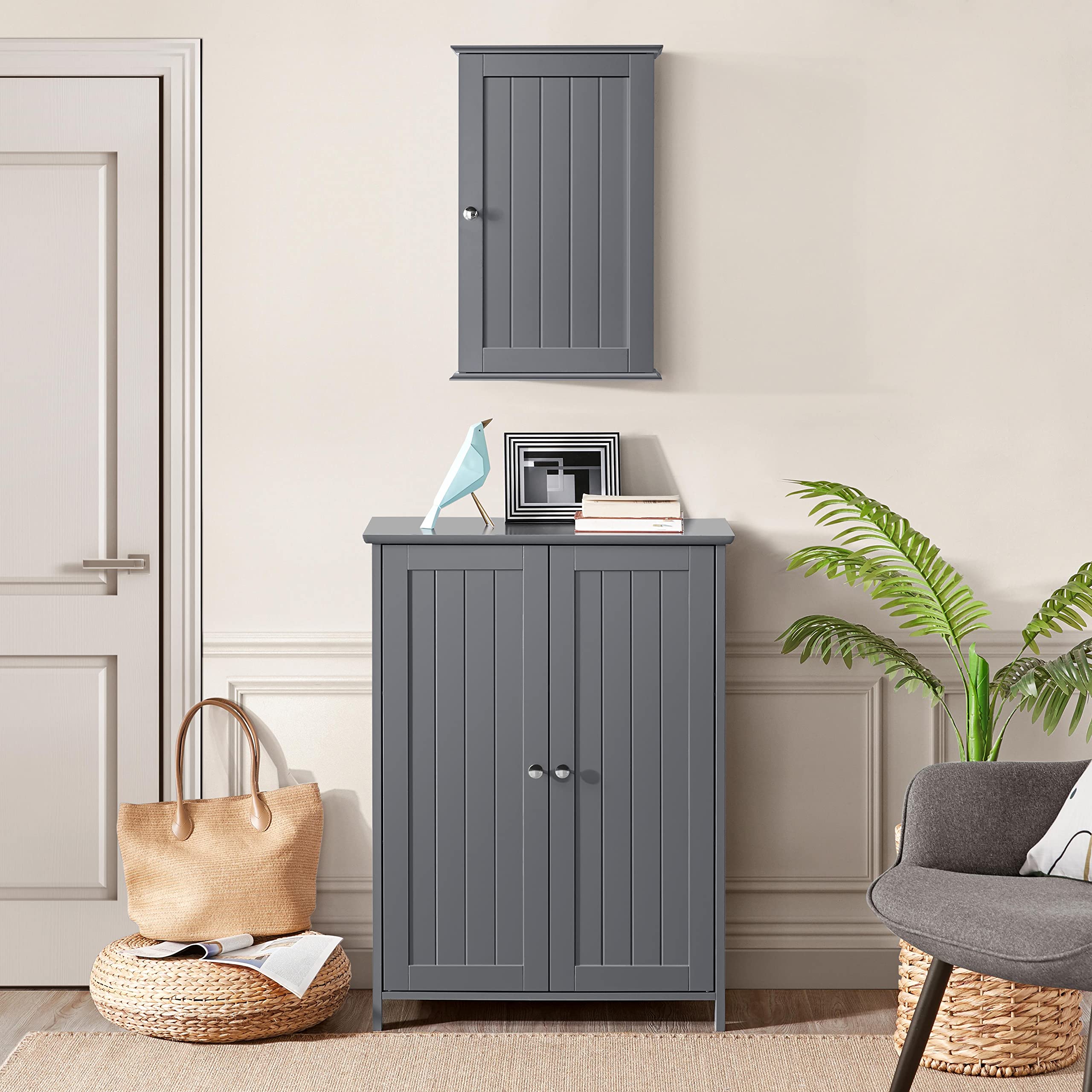 Yaheetech Armoire Murale de Toilette, Meuble de Rangement Suspendu Salle de Bain, 35 x 20,7 x 55 cm, Armoire à Pharmacie, 2 Étagère Réglables, avec Porte, en Bois Blanc WC Cuisine Gris