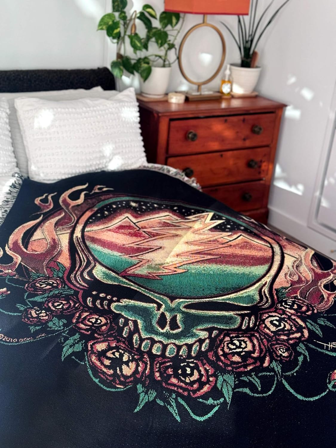 Little Hippie Scarlet Fire Stealie Woven Cotton Blanket Black 53" x 69"