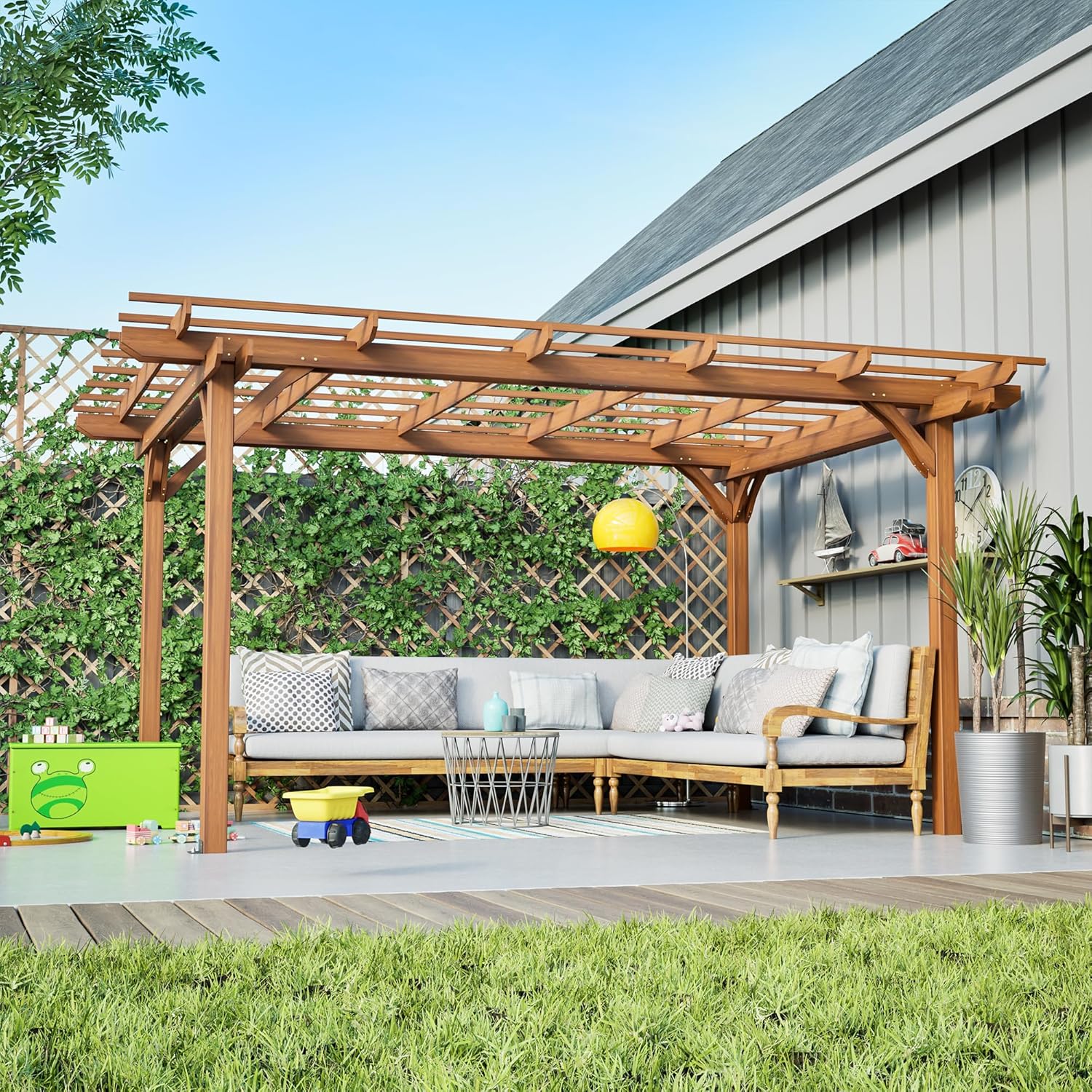 KEIKI 12 x 10 FT Outdoor Wood Pergola, Wooden Grape Trellis for Climbing Plant Support, Garden, Patio, Backyard, Deck, Brown