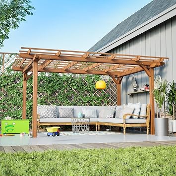12 x 10 Outdoor Wood Pergola, Wooden Pergola Grape Trellis, Perfect for Climbing Plant Support, Garden, Terrace, Backyard, Deck, Brown