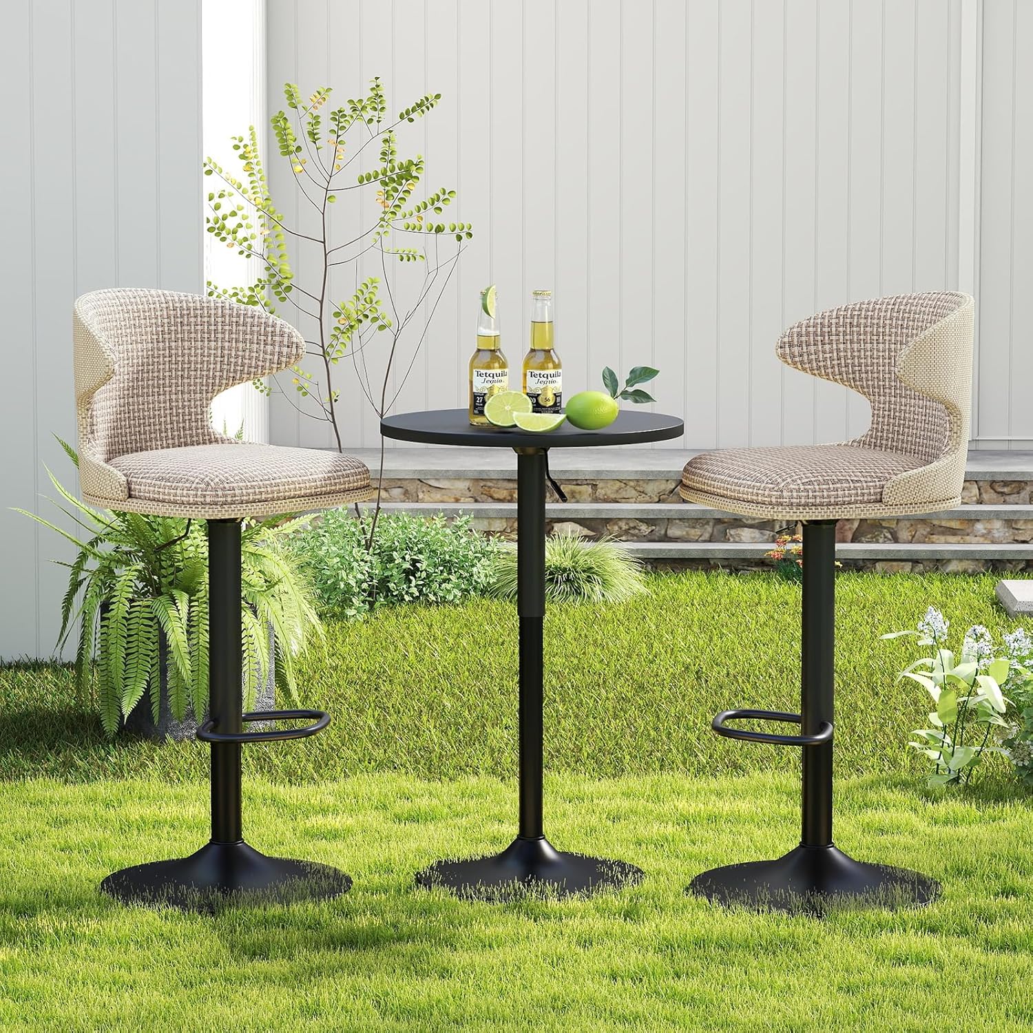 Furnimart Outdoor Bar Stools Set of 2, 360° Swivel Patio Bar Chairs with Adjustable Height & Waterproof Cover, Textilene Mesh Back with Plaid Pattern, Counter & Bar Height Stools for Backyard, Beige