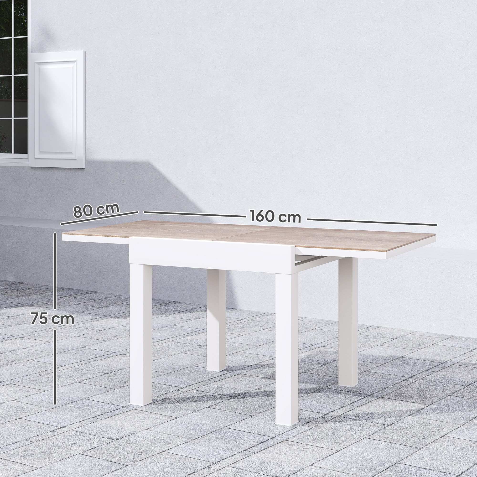 Outsunny Tavolo da Giardino Allungabile da 80/160x80x75 cm, Tavola da Pranzo Estensibile per 4-6 Persone Rettangolare in Alluminio con Piano in PSPC, Per Patio, Terrazzo, Balcone ed Esterno, Bianco
