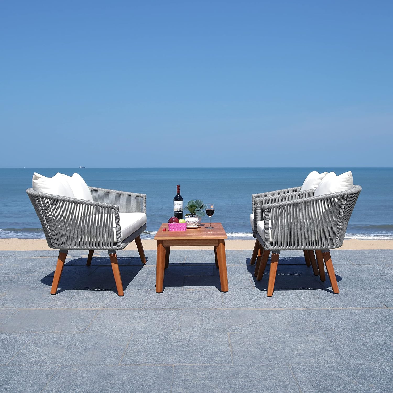 SAFAVIEH PAT7072A Outdoor Velso Rope 4-Piece Seat Cushions and Pillows Included Patio Set