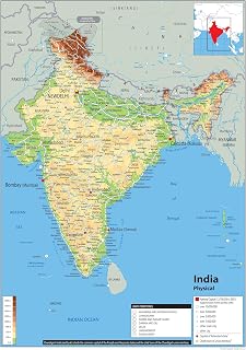 Physical Map of India - Size A1-59.4 x 84.1cm - Paper Laminated