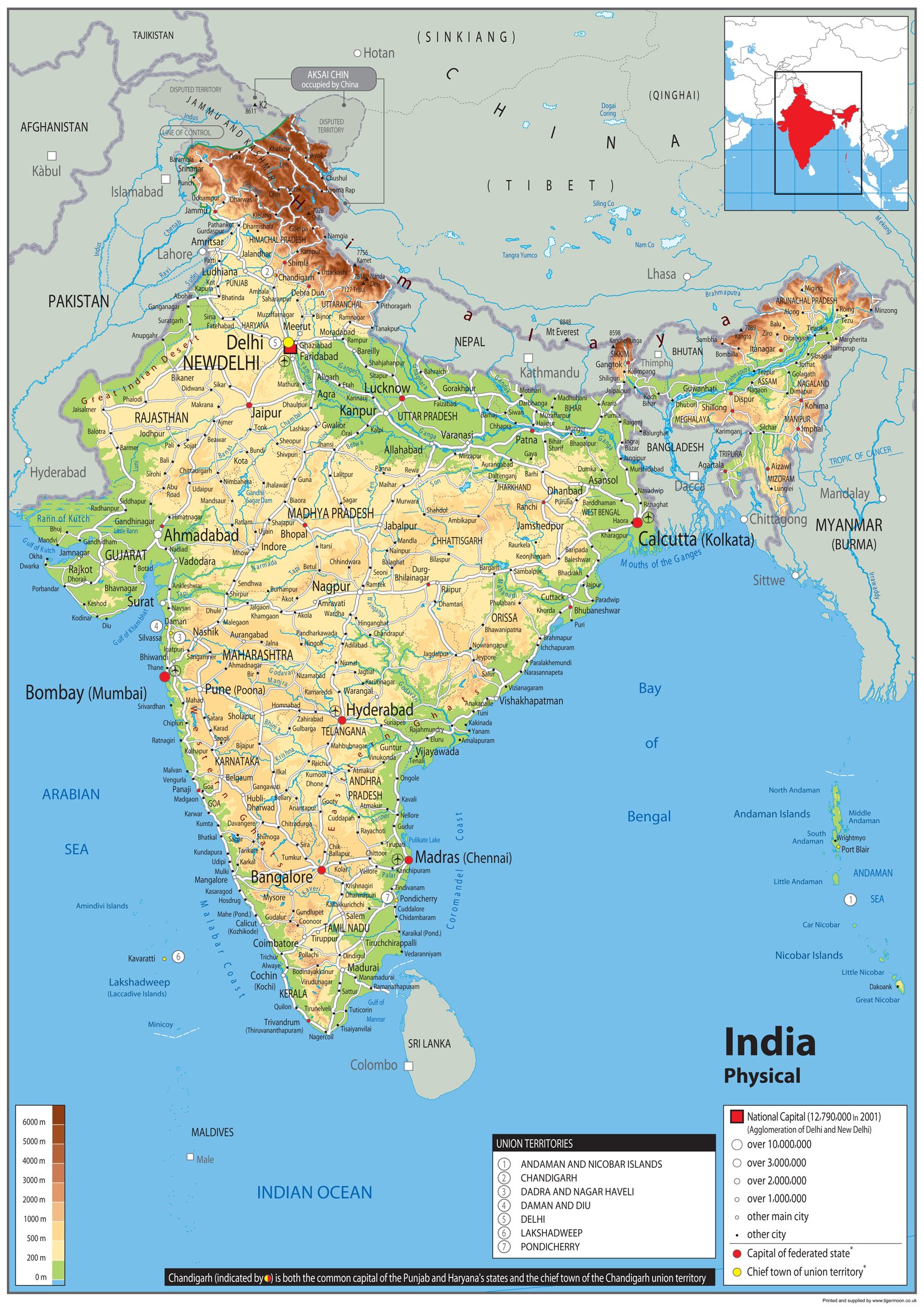 Physical Map of India - Size A0-84.1 x 118.9cm - Paper Laminated