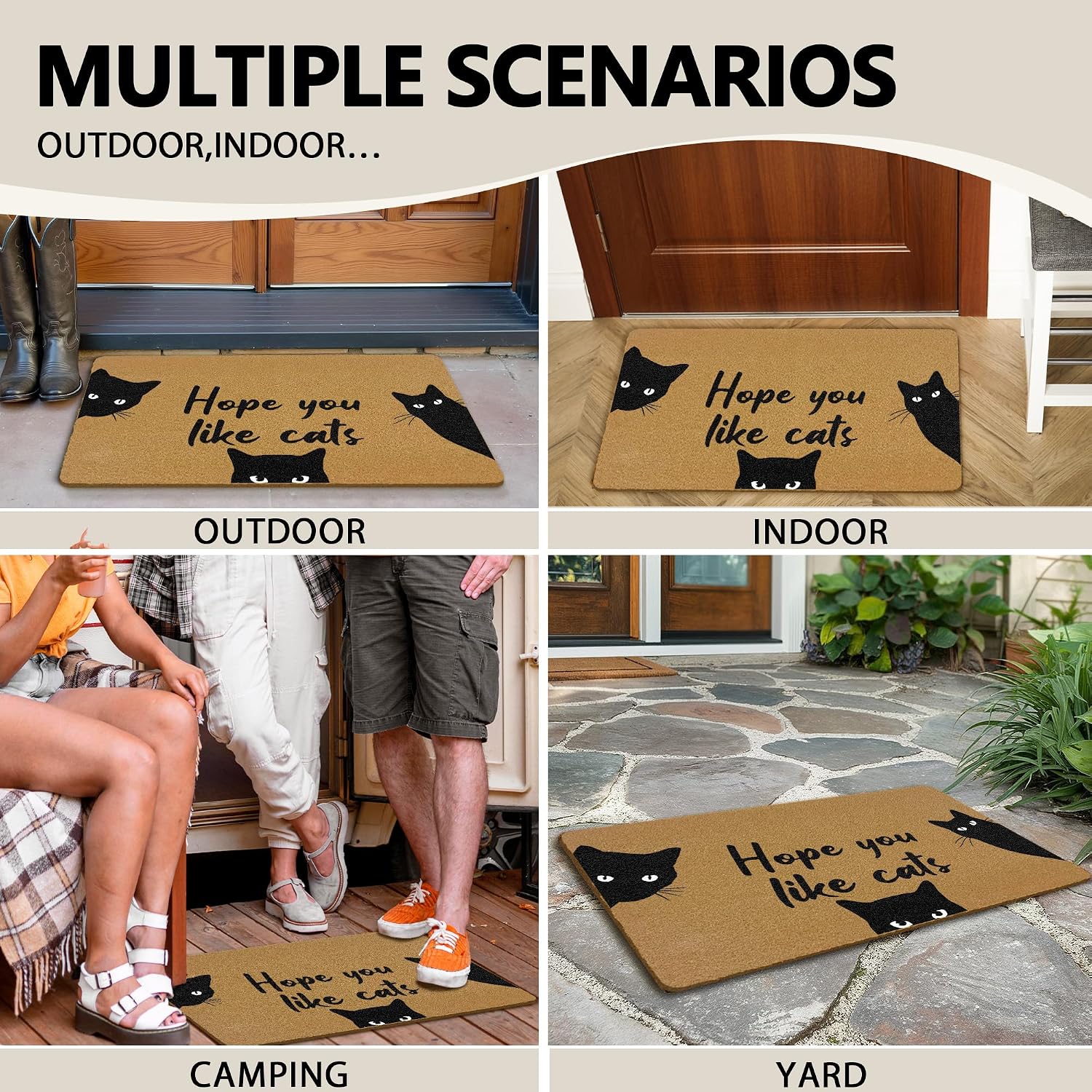 Funny Black Cat Coir Door Mats Outdoor, Black Cat Front Door Mat Outside Entrance, Hope You Like Cats Doormat Outdoor Indoor Entrance for Home Entryway Decor, 17x30in