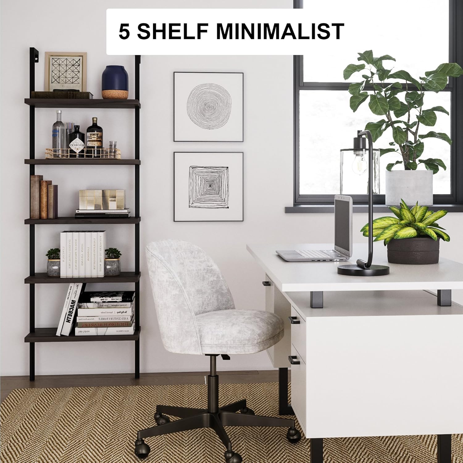 Nathan James 65501 Theo 5-Shelf Wood Modern Bookcase, Open Wall Mount Ladder Bookshelf with Industrial Metal Frame, Dark Walnut Brown/Black, Set of 2