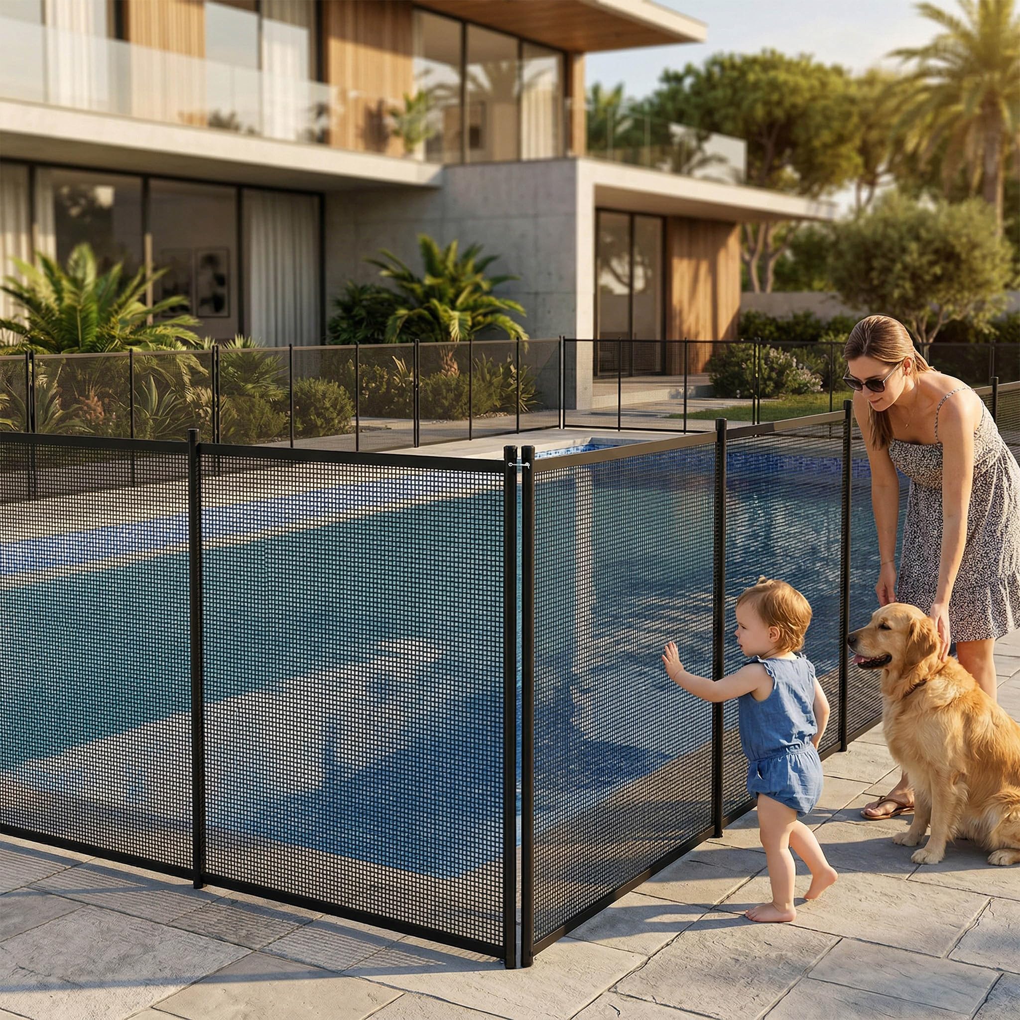 Aufun Poolzaun Kinder­sicher 362×136 cm, Abnehmbarer Poolschutzzaun mit Fuß Steckzaun– Flexibler Gartenzaun Teichzaun, Aufrollbar und Erweiterbar für Pool, Terrasse Garten Kinder Schutzzaun, Schwarz