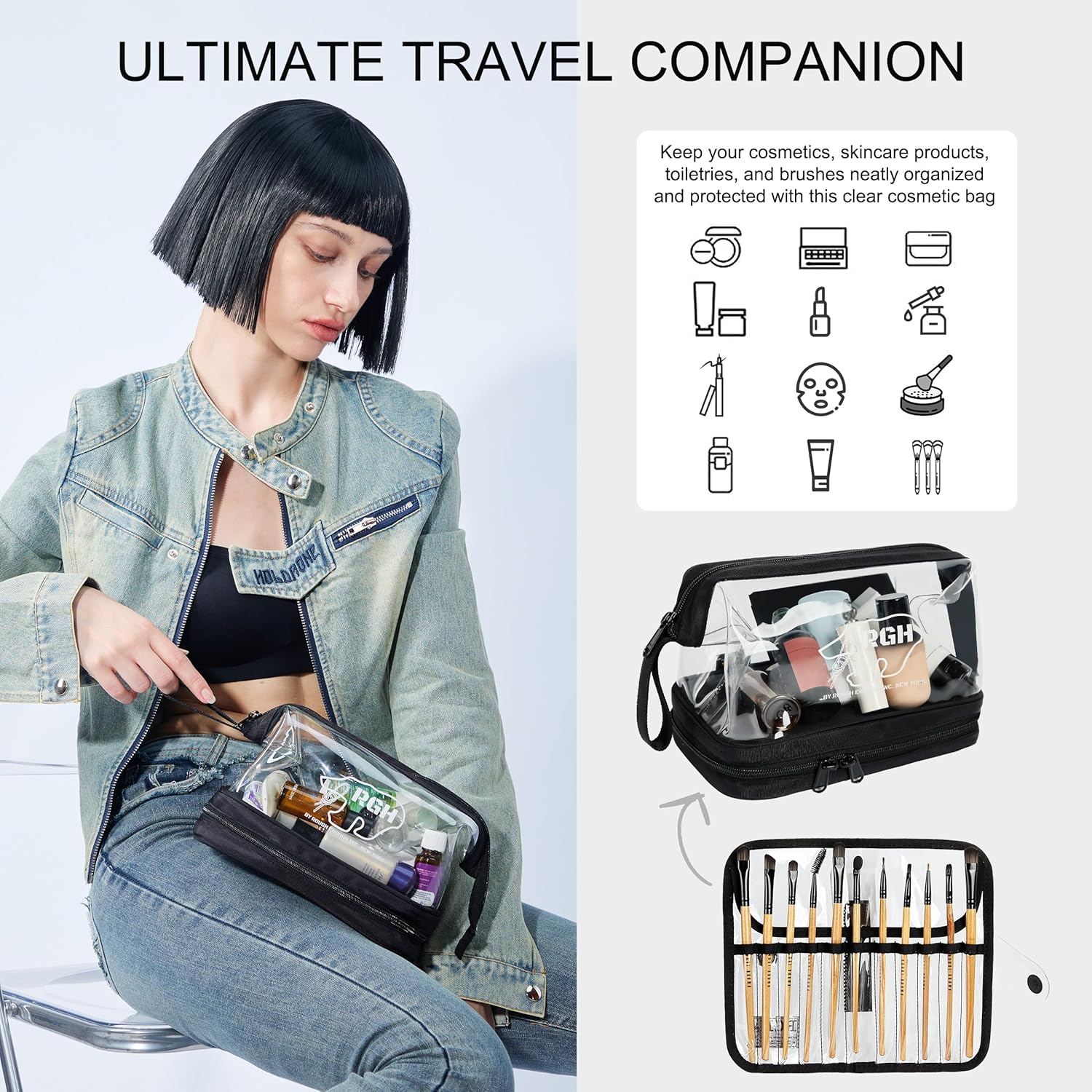 Rough Enough Clear Cosmetic Bag for Women and Men, Leakproof Travel Makeup Organizer, with Detachable Brush Pouch, Large Opening, 6.5”x5”x8.5”