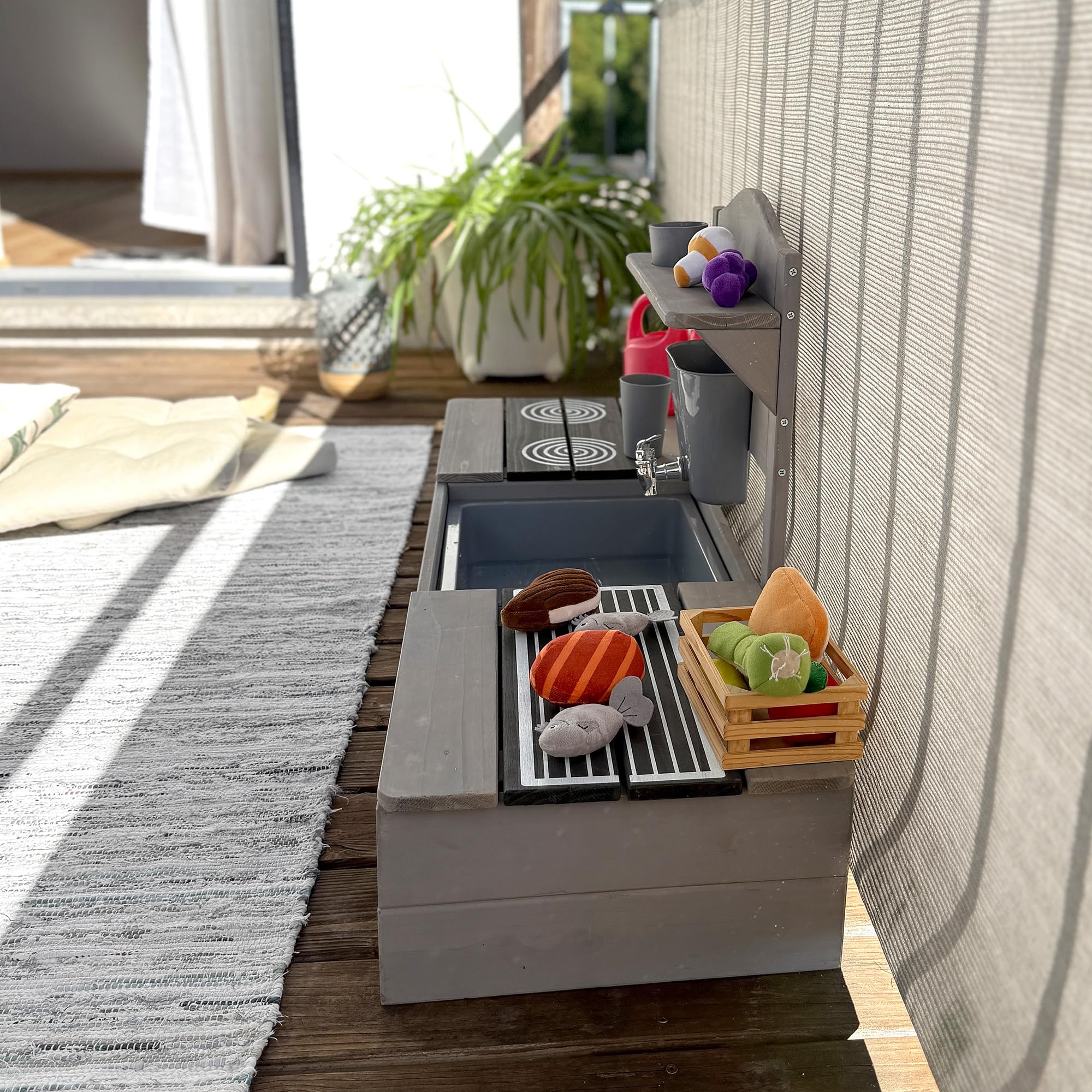 roba Bac à Sable 2 en 1 & Cuisine de Jeu pour Enfants - Certifié FSC® - avec Accessoires - Cuisine Compacte pour Balcon & Jardin - Gris