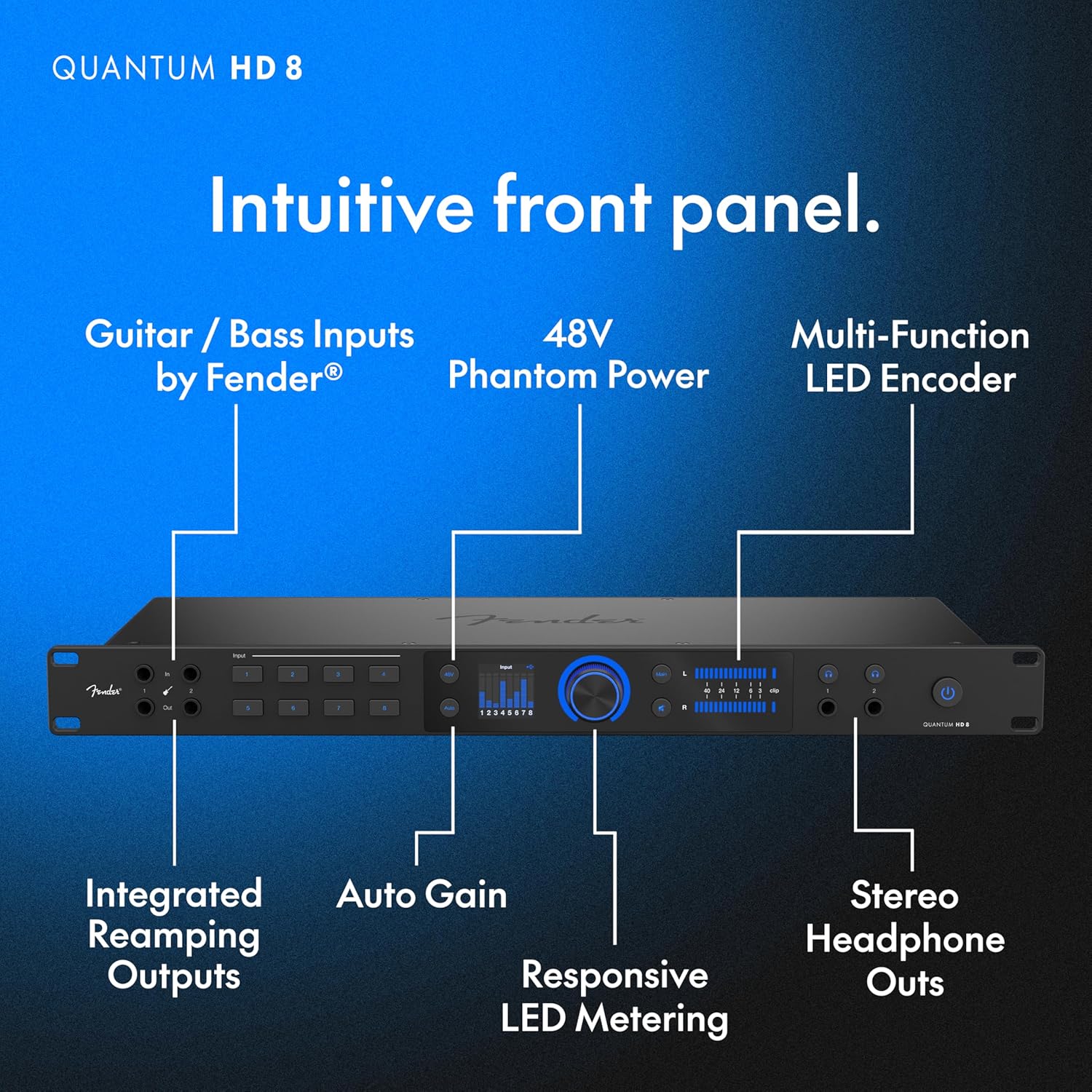 Fender Quantum HD 8 | 26x30 USB-C Audio Interface for Music Production, Next-Gen MAX-HD Mic Preamps, Instrument Inputs, ADAT & S/PDIF I/O, Auto Gain, Re-Amp Outputs, Loopback, Headphone Amp, Mac & PC
