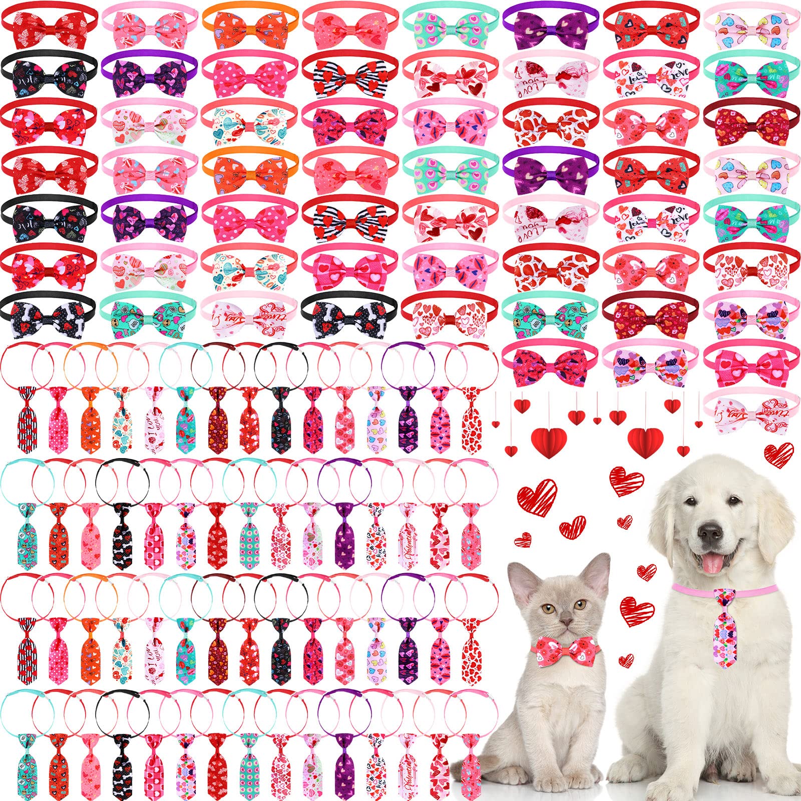 Eccliy 120 Pieces Valentines Day Dog Bow Tie Collar Set Valentines Dog Collar Bows Bulk Adjustable Pet Grooming
