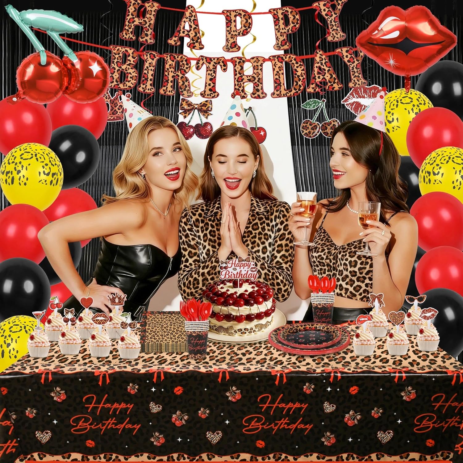 216pcs Red Cheetah Print Birthday Decorations Tableware Set Serves 24 Guests,Cheetah Birthday Decorations Includes Banner Balloons Tablecloth Plates for Leopard Birthday Decoration