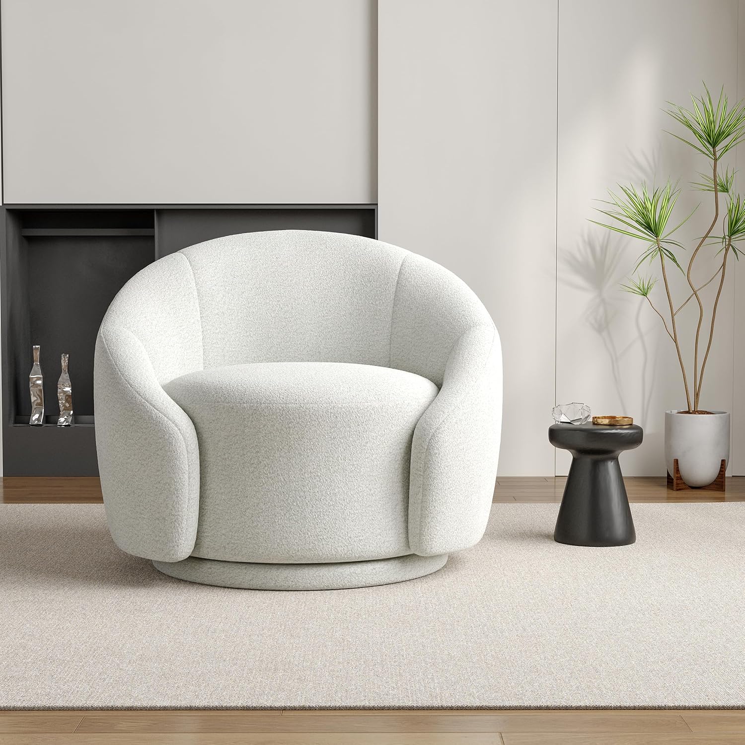 Lumibee Swivel Barrel Chair, Boucle Accent Chair, Modern Round Armchair for Living Room, 360° Small Single Sofa Club Chair for Bedroom (White)