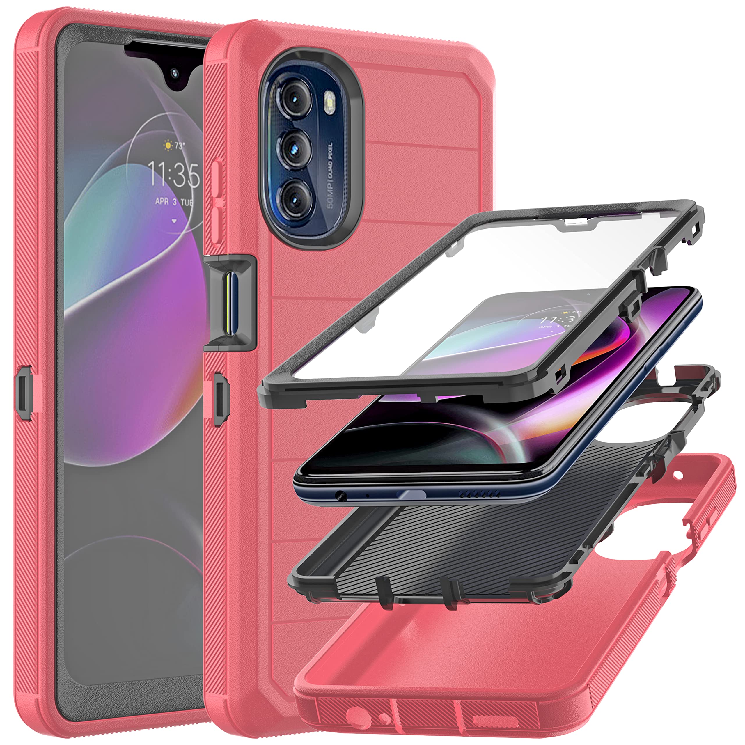 YmhxcY for Moto G 5G 2022 Case with Built in Screen Protector/Drop Proof 3-Layer Durable Cover/Shockproof Armor Drop Protection Solid Rubber Case for Motorola Moto G 5G 2022-Red/Black