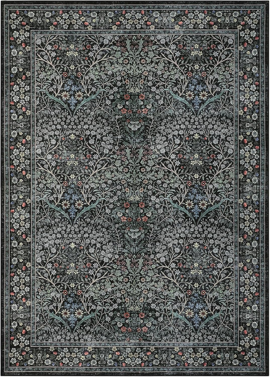 GarveeHome 5x7 Floral Washable Rug, Black Vintage Boho Non Slip Area Rug, Soft Botanical Indoor Throw Rug for Living Room, Entryway, Bedroom, Dining Room