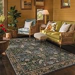 Hazo Haus Vintage Short Pile Area Rug Floral Pattern for Living Room Bedroom Dining Room Office Non Slip Stain Resistant Dark Green