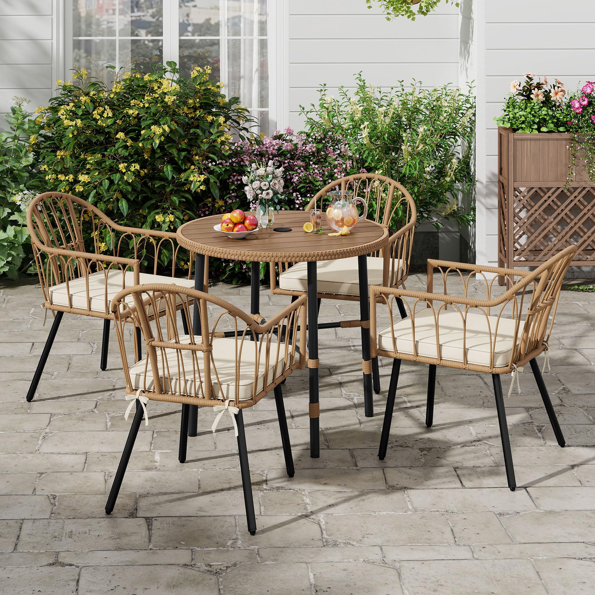 Mesa de comedor redonda para 4 mesas de 35.4 pulgadas con agujero para sombrilla y niveladores ajustables, mesa de bistró para todo tipo de clima con marco de metal para césped, jardín, patio 6