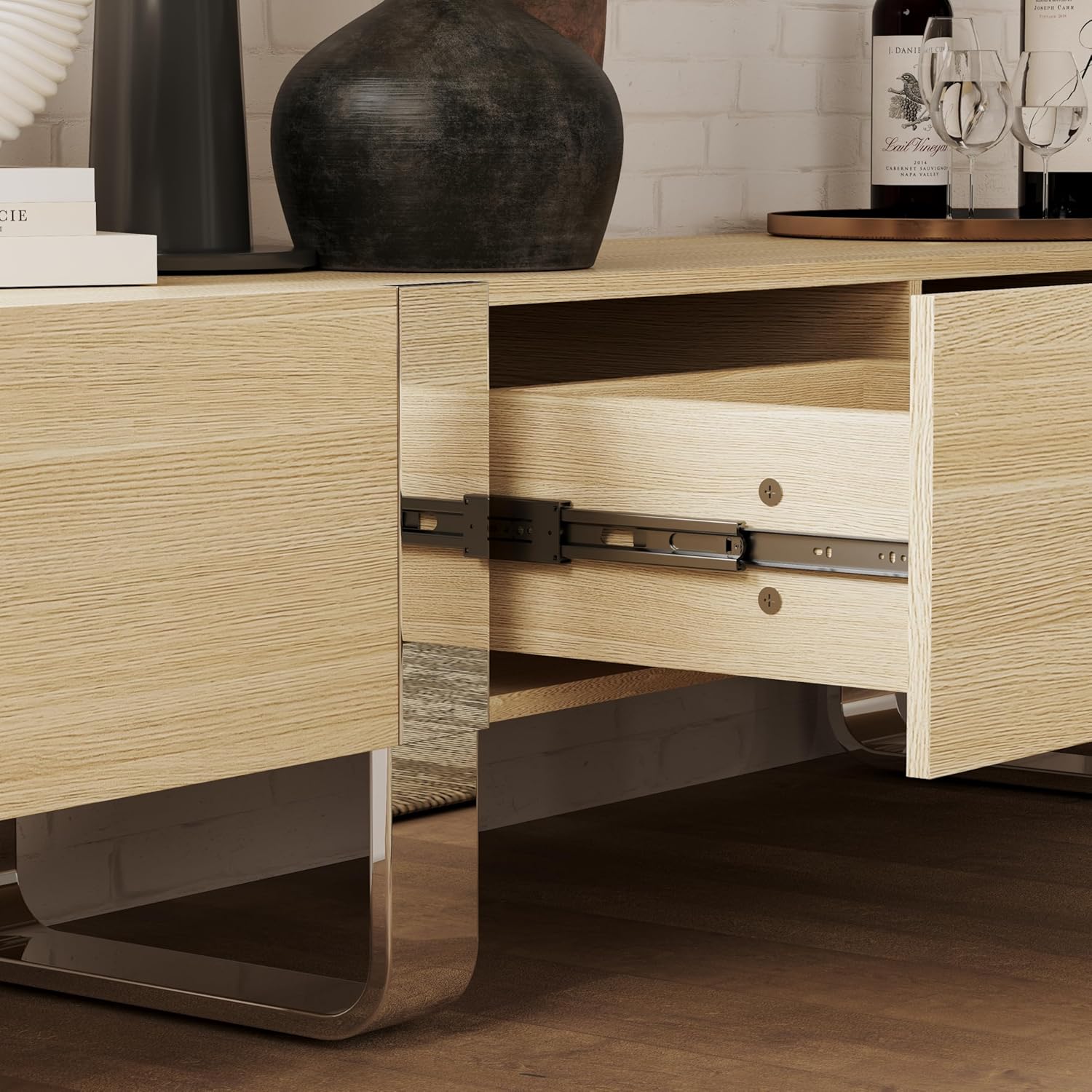 79 Inch Wood TV Stand Modern Media Console with 2 Drawers & 2 Storage, U-Shaped Silver Mirrored Legs Minimalist Design for Living Room, Office, Bedroom
