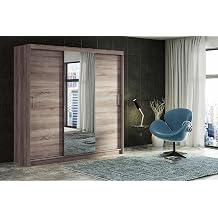Modern Sliding Double Door Wardrobe with Mirror, 2/3 Doors, up to 8 Drawers and 4 Hanging Rails Colours WHITE/BLACK/OAK/GREY Width 100cm/120cm/150cm/180cm/200cm Oak, 200cm + 4 drawers