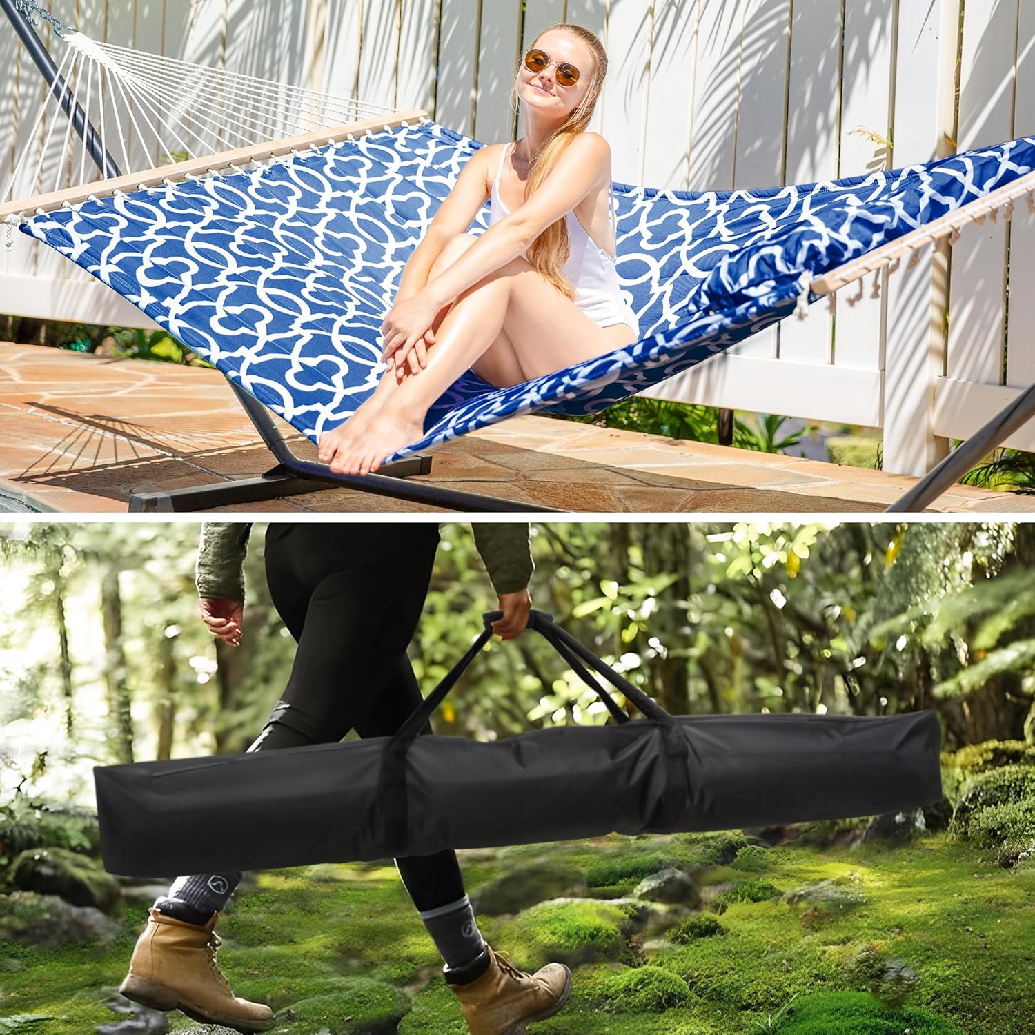 SUNCREAT Two Person Hammock with Stand and Extra Large Pillow, Portable Freestanding Hammock and Stand, Waterproof Storage Bag