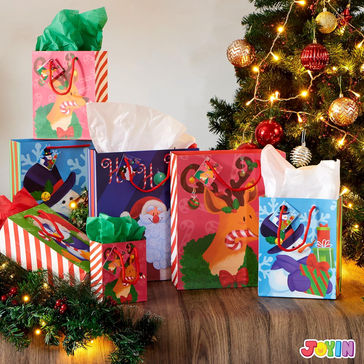 JOYIN 36 Pcs Christmas Bags with Tissue Papers and Tag, Assorted Sizes Set for Wrapping Xmas Holiday Presents, Thanksgiving Gift Decoration, Present Wrapping, School Classrooms, Party Favors