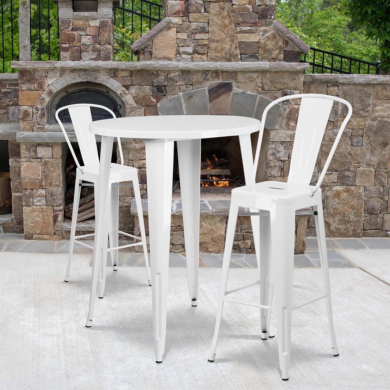BOWERY HILL Contemporary 3 Piece Metal Pub Set, 30" Round White Table and 2 Bar Stools, Galvanized Steel Construction, Indoor Outdoor Dining Set for Patio, Restaurant, or Home Use